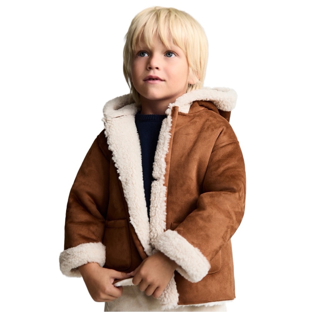 Zara Brown & Cream Double Faced Hooded Sherpa Lined Jacket Kids Size 3-4Y